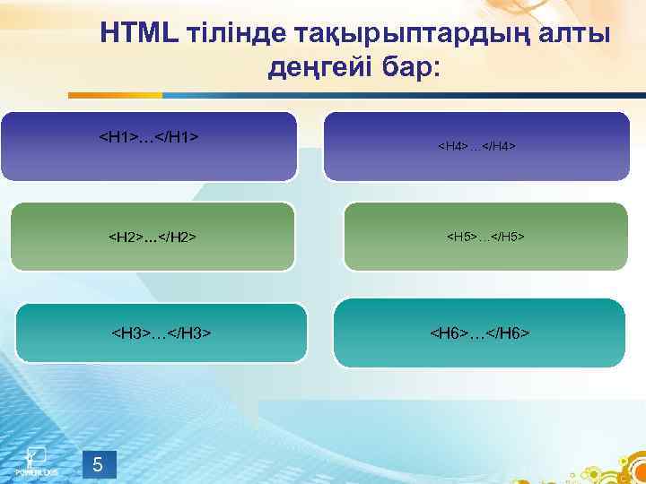 HTML тілінде тақырыптардың алты деңгейі бар: <H 1>…</H 1> <H 2>…</H 2> <H 3>…</H