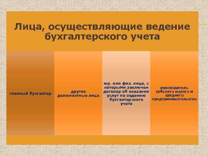 Лица, осуществляющие ведение бухгалтерского учета главный бухгалтер другие должностные лица юр. или физ. лица,