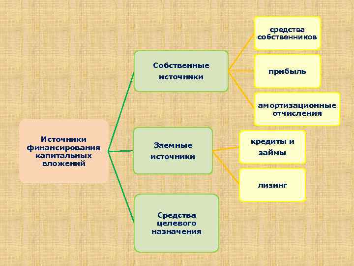 средства собственников Собственные источники прибыль амортизационные отчисления Источники финансирования капитальных вложений Заемные источники кредиты