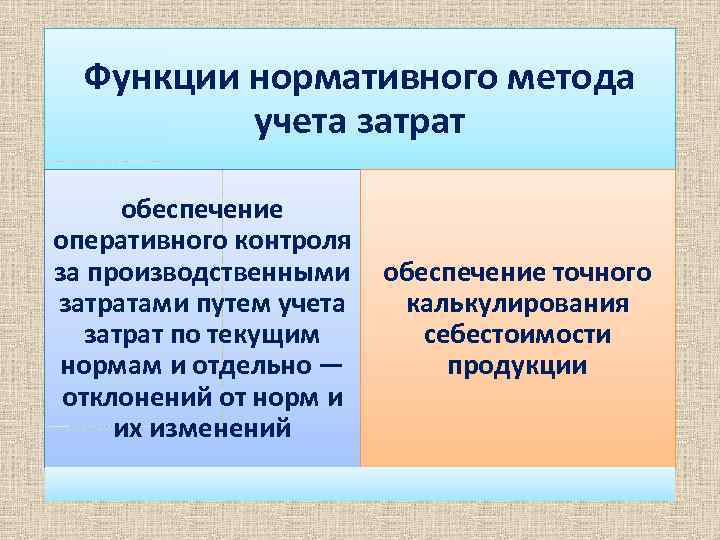 Функции нормативного метода учета затрат обеспечение оперативного контроля за производственными обеспечение точного калькулирования затратами