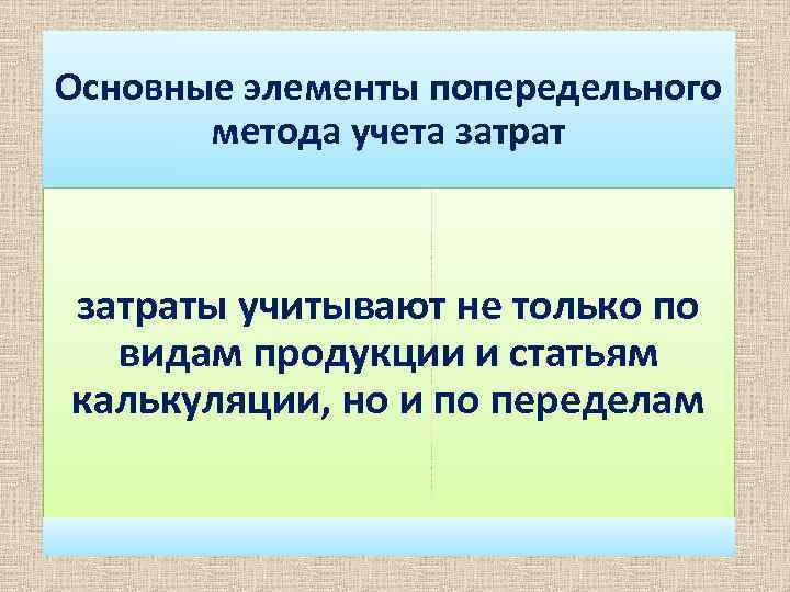 Основные элементы попередельного метода учета затраты учитывают не только по видам продукции и статьям