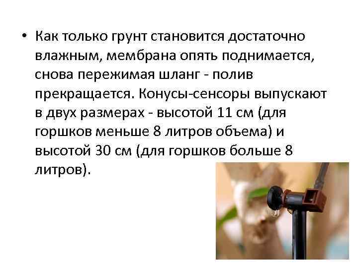  • Как только грунт становится достаточно влажным, мембрана опять поднимается, снова пережимая шланг