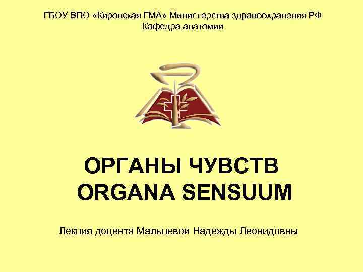 ГБОУ ВПО «Кировская ГМА» Министерства здравоохранения РФ Кафедра анатомии ОРГАНЫ ЧУВСТВ ORGANA SENSUUM Лекция