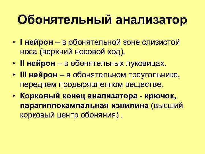 Обонятельный анализатор • I нейрон – в обонятельной зоне слизистой носа (верхний носовой ход).