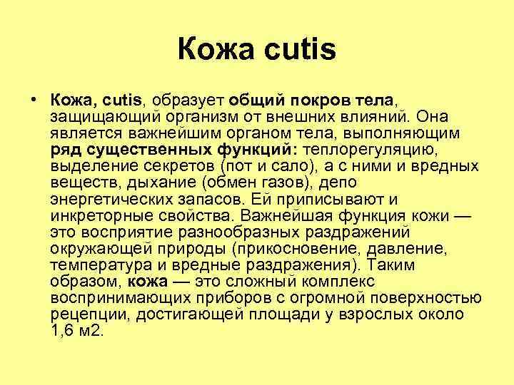 Кожа cutis • Кожа, cutis, образует общий покров тела, защищающий организм от внешних влияний.