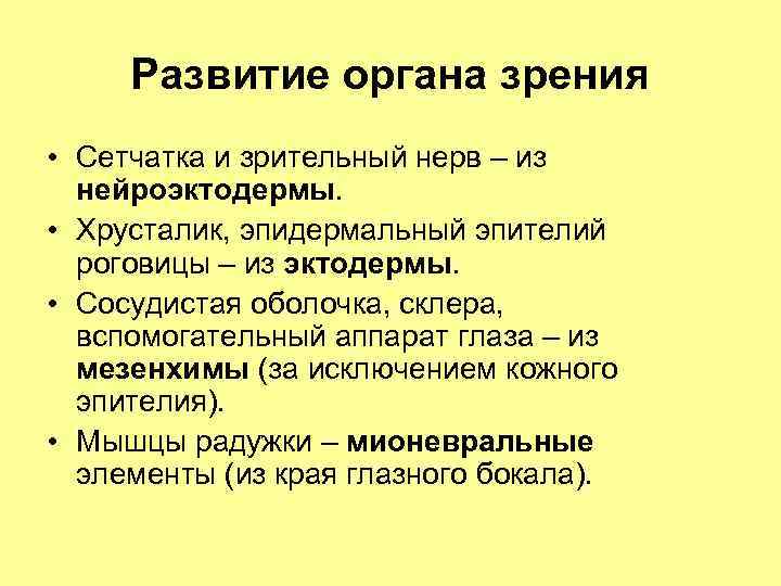 Развитие органа зрения • Сетчатка и зрительный нерв – из нейроэктодермы. • Хрусталик, эпидермальный