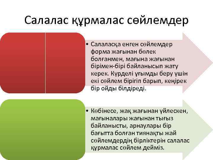 Салалас құрмалас сөйлемдер • Салаласқа енген сөйлемдер форма жағынан бөлек болғанмен, мағына жағынан бірімен-бірі