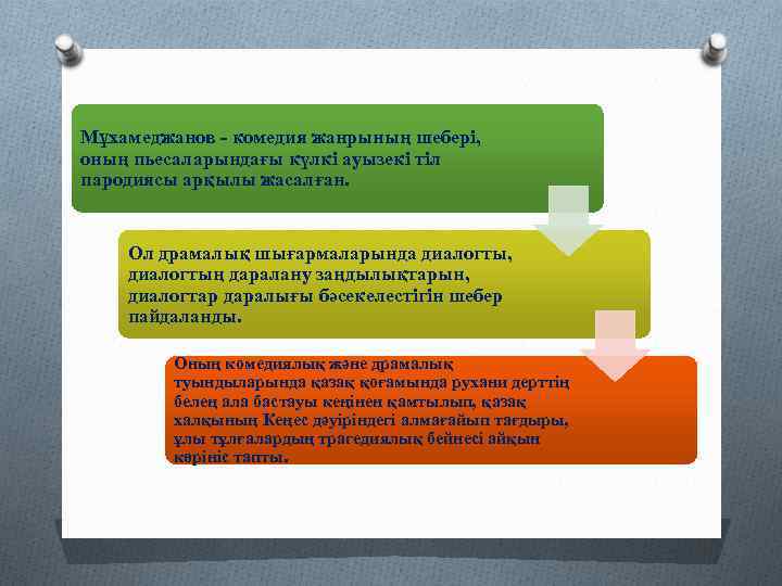 Мұхамеджанов - комедия жанрының шебері, оның пьесаларындағы күлкі ауызекі тіл пародиясы арқылы жасалған. Ол