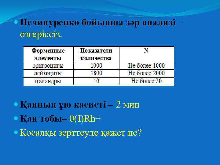  Нечипуренко бойынша зәр анализі – өзгеріссіз. Қанның ұю қасиеті – 2 мин Қан