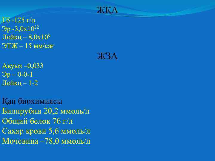 ЖҚА Гб -125 г/л Эр -3, 0 х1012 Лейкц – 8, 0 х109 ЭТЖ