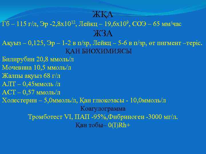 ЖҚА Гб – 115 г/л, Эр -2, 8 х1012, Лейкц – 19, 6 х109,