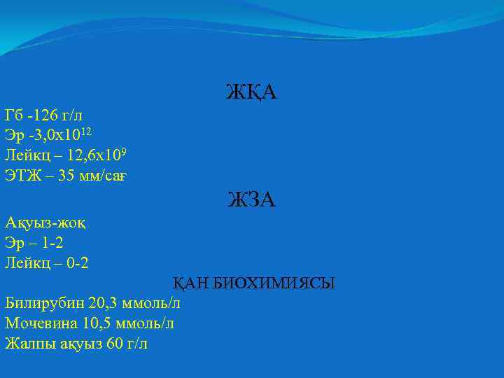 ЖҚА Гб -126 г/л Эр -3, 0 х1012 Лейкц – 12, 6 х109 ЭТЖ
