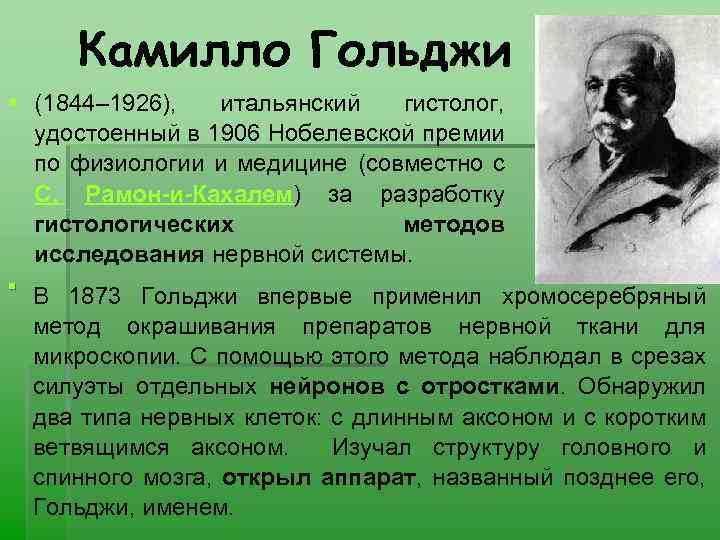 Камилло Гольджи § (1844– 1926), итальянский гистолог, удостоенный в 1906 Нобелевской премии по физиологии