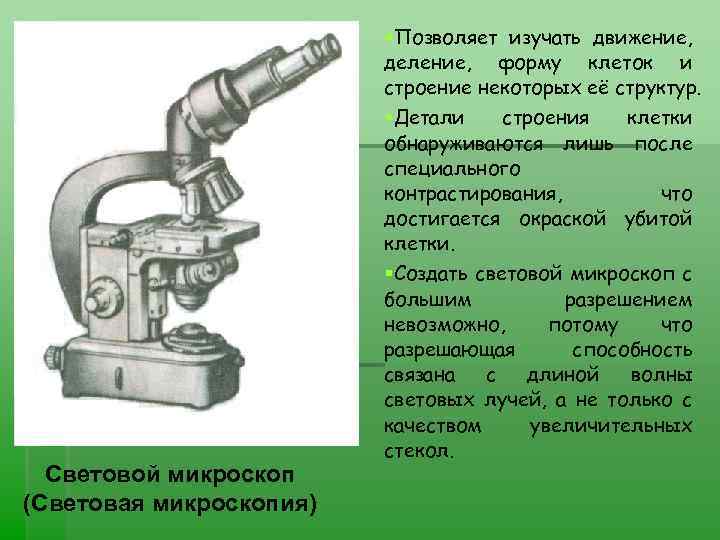 Световой микроскоп (Световая микроскопия) §Позволяет изучать движение, деление, форму клеток и строение некоторых её