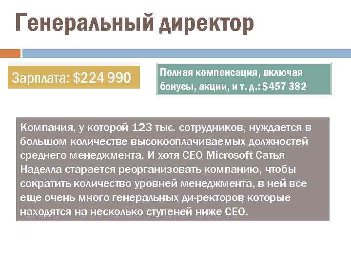 Генеральный директор Зарплата: $224 990 Полная компенсация, включая бонусы, акции, и т. д. :