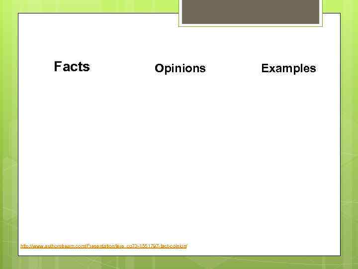 Facts Opinions http: //www. authorstream. com/Presentation/tere_cq 73 -1551797 -fact-opinion/ Examples 