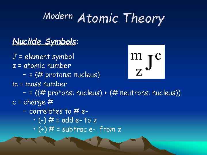 Modern Atomic Theory Nuclide Symbols: J = element symbol z = atomic number –
