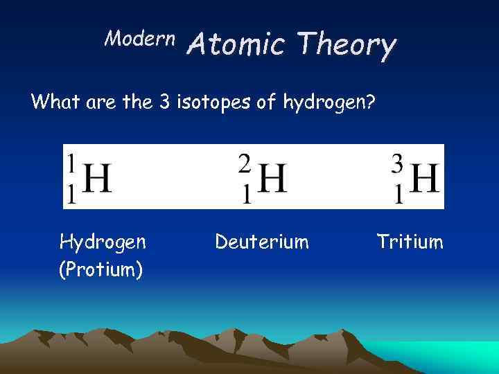 Modern Atomic Theory What are the 3 isotopes of hydrogen? Hydrogen (Protium) Deuterium Tritium