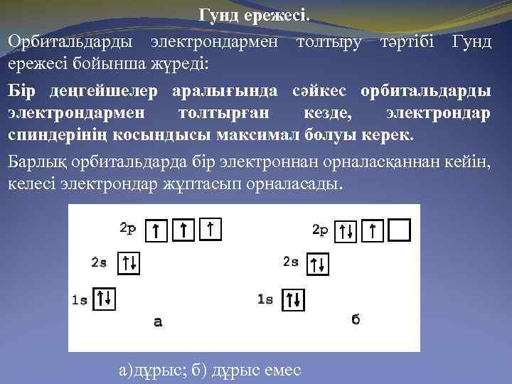 Гунд ережесі. Орбитальдарды электрондармен толтыру тәртібі Гунд ережесі бойынша жүреді: Бір деңгейшелер аралығында сәйкес