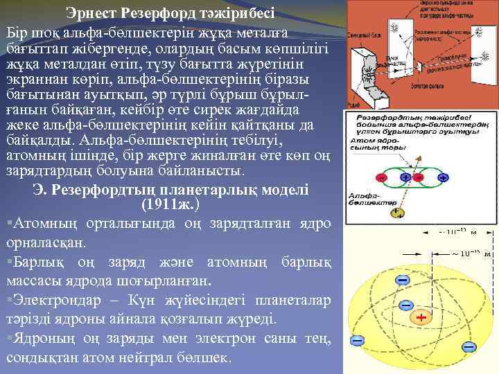 Эрнест Резерфорд тәжірибесі Бір шоқ альфа-бөлшектерін жұқа металға бағыттап жібергенде, олардың басым көпшілігі жұқа