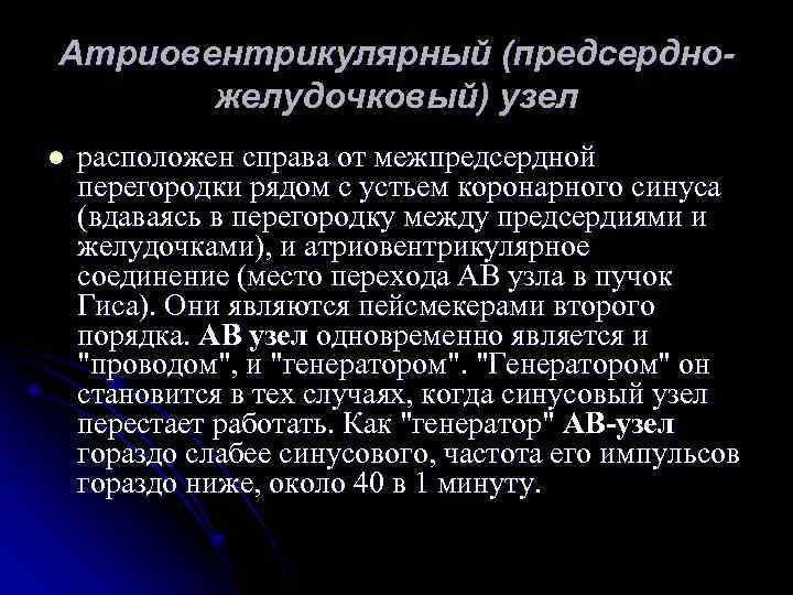 Атриовентрикулярный (предсердножелудочковый) узел l расположен справа от межпредсердной перегородки рядом с устьем коронарного синуса