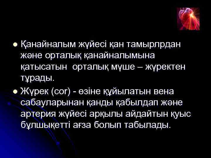 Қанайналым жүйесі қан тамырлрдан және орталық қанайналымына қатысатын орталық мүше – жүректен тұрады. l