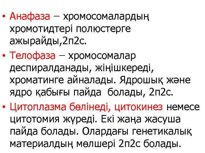  • Анафаза хромосомалардың хромотидтері полюстерге ажырайды, 2 п 2 с. • Телофаза хромосомалар