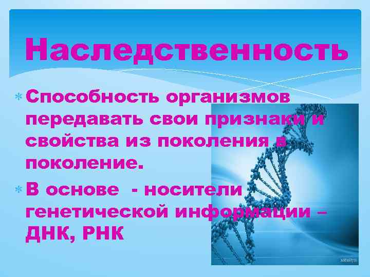 Наследственность Способность организмов передавать свои признаки и свойства из поколения в поколение. В основе