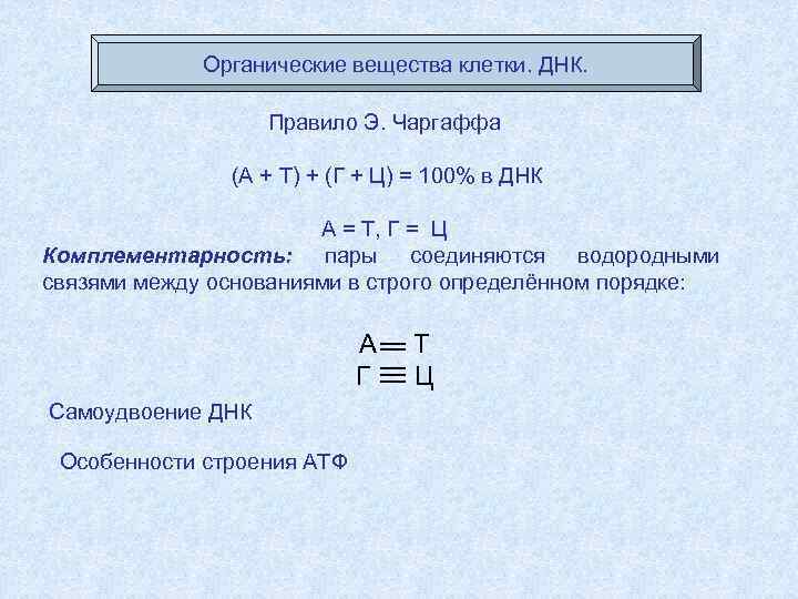 Органические вещества клетки. ДНК. Правило Э. Чаргаффа (А + Т) + (Г + Ц)