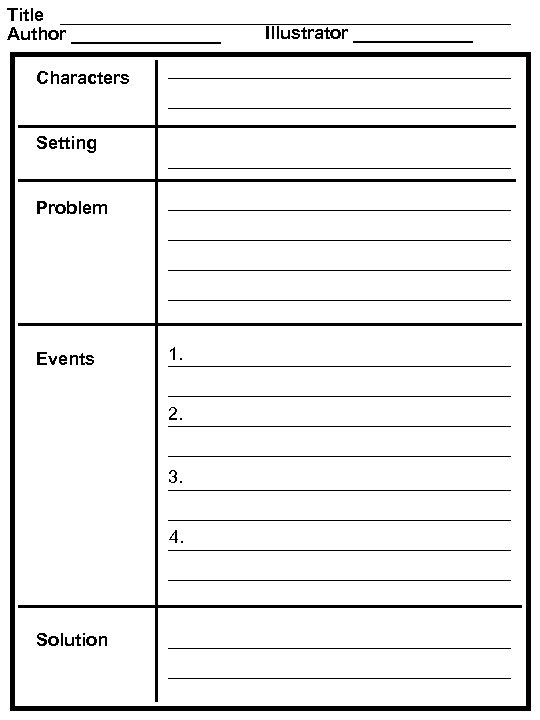 Title Author ________ Characters Setting Problem Events 1. 2. 3. 4. Solution Illustrator ______