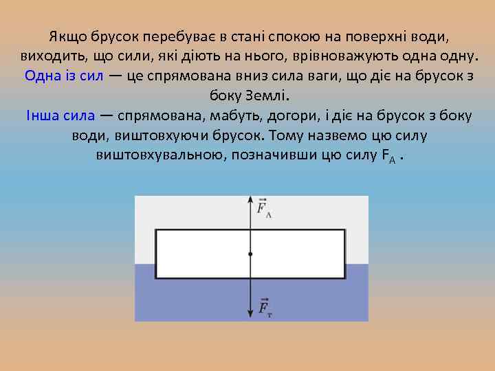 Якщо брусок перебуває в стані спокою на поверхні води, виходить, що сили, які діють