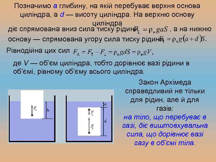 Позначимо a глибину, на якій перебуває верхня основа циліндра, а d — висоту циліндра.