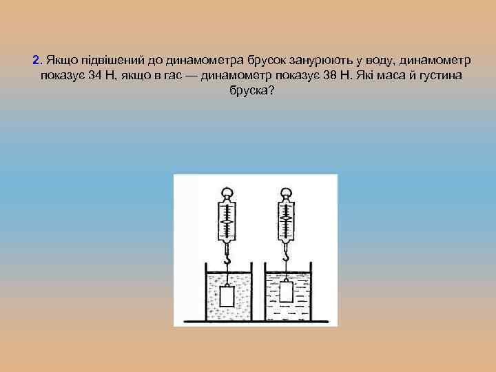2. Якщо підвішений до динамометра брусок занурюють у воду, динамометр показує 34 Н, якщо