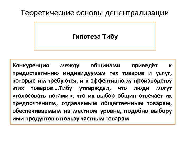 Теоретические основы децентрализации Гипотеза Тибу Конкуренция между общинами приведёт к предоставлению индивидуумам тех товаров