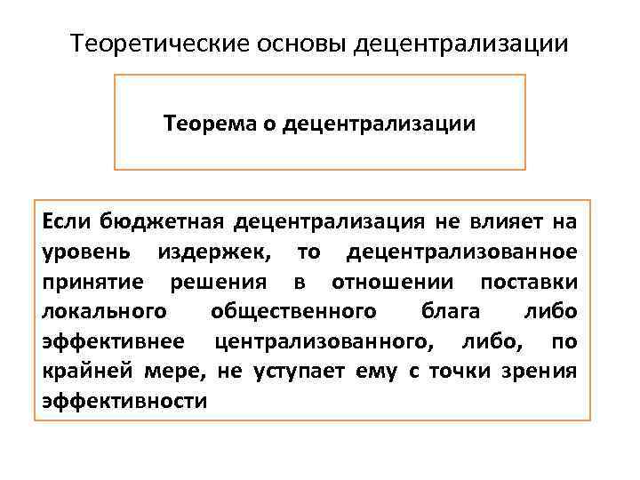 Теоретические основы децентрализации Теорема о децентрализации Если бюджетная децентрализация не влияет на уровень издержек,