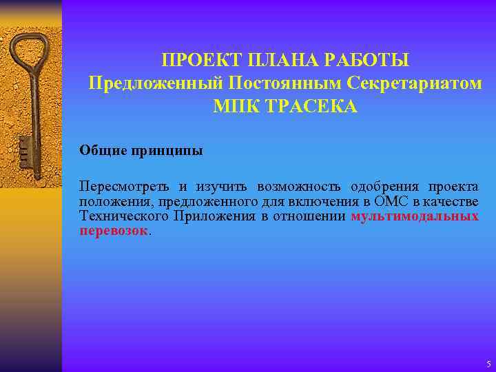 ПРОЕКТ ПЛАНА РАБОТЫ Предложенный Постоянным Секретариатом МПК ТРАСЕКА Общие принципы Пересмотреть и изучить возможность