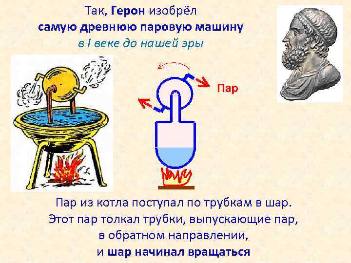 Так, Герон изобрёл самую древнюю паровую машину в I веке до нашей эры Пар
