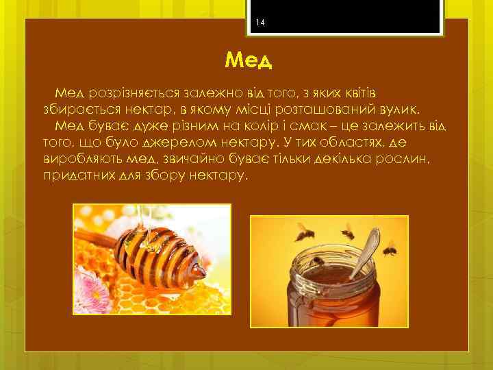 14 Мед розрізняється залежно від того, з яких квітів збирається нектар, в якому місці