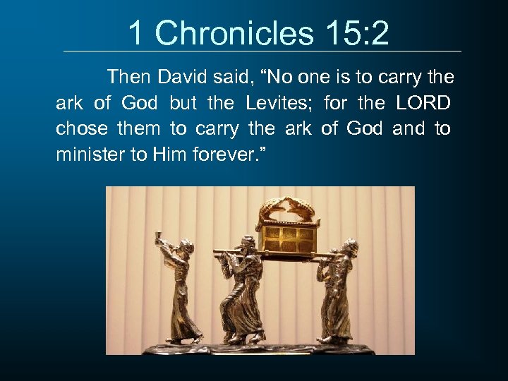 1 Chronicles 15: 2 Then David said, “No one is to carry the ark