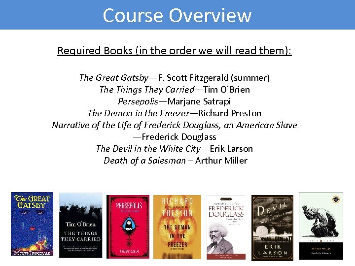 Course Overview Required Books (in the order we will read them): The Great Gatsby—F.