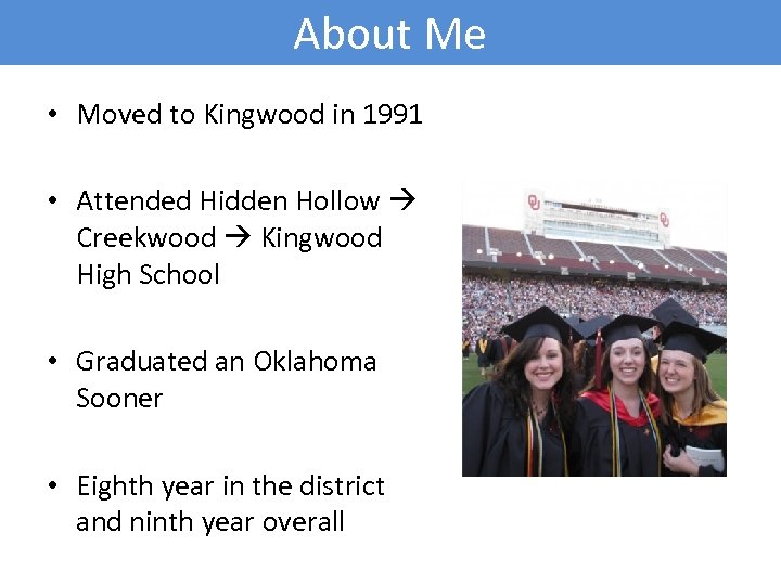 About Me • Moved to Kingwood in 1991 • Attended Hidden Hollow Creekwood Kingwood