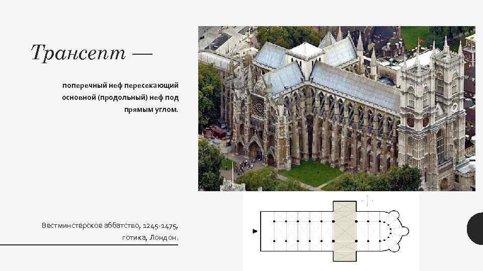 Трансепт — поперечный неф пересекающий основной (продольный) неф под прямым углом. Вестминстерское аббатство, 1245