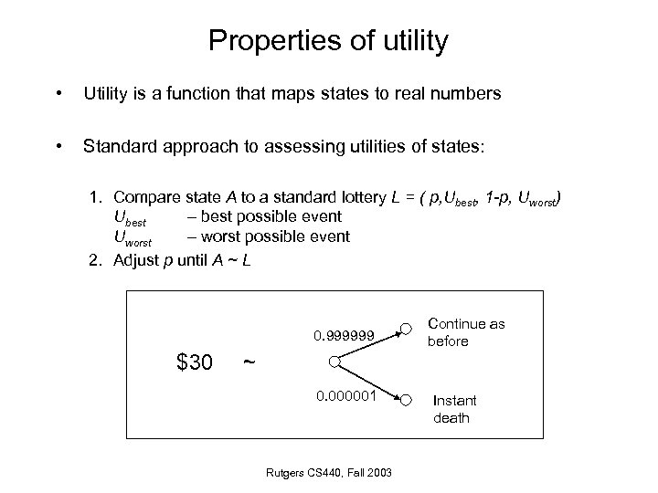 Properties of utility • Utility is a function that maps states to real numbers