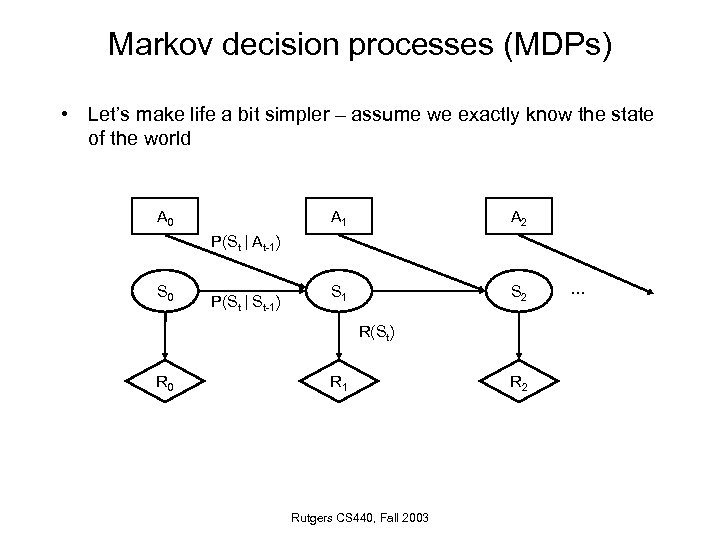 Markov decision processes (MDPs) • Let’s make life a bit simpler – assume we