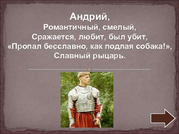 Андрий, Романтичный, смелый, Сражается, любит, был убит, «Пропал бесславно, как подлая собака!» , Славный