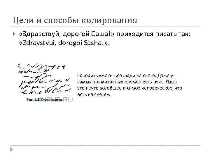 Цели и способы кодирования «Здравствуй, дорогой Саша!» приходится писать так: «Zdravstvui, dorogoi Sasha!» .