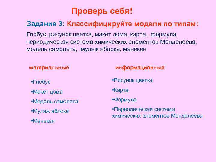 Проверь себя! Задание 3: Классифицируйте модели по типам: Глобус, рисунок цветка, макет дома, карта,