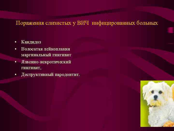 Поражения слизистых у ВИЧ инфицированных больных • Кандидоз • Волосатая лейкоплакия маргинальный гингивит •