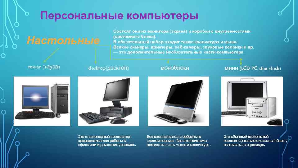 Персональные компьютеры Настольные tower (тауэр) Состоят они из монитора (экрана) и коробки с внутренностями