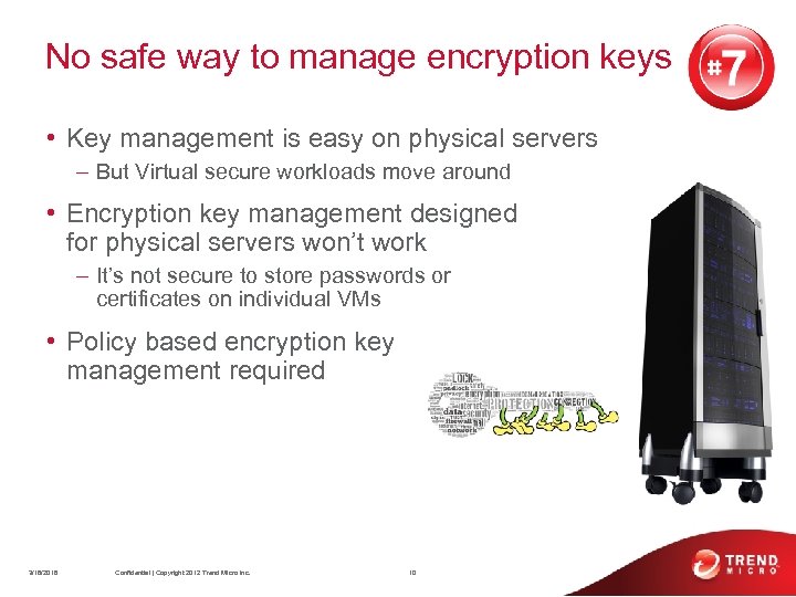 No safe way to manage encryption keys • Key management is easy on physical